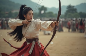 A ancient Korean woman, in traditional Korean warriors costume, aiming arrow ,Korean bow, battlefield 