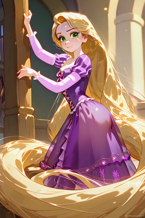 Rapunzel, beautiful, cute posing,purple dress,puffy sleeves,very long hair,green eyes,blonde, transparent dress