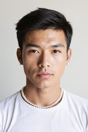 1solo, Asian man, White T-shirt, black short hair, upper body, stud pearl earrings, 18K necklace, looking at the viewer, realistic