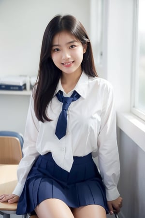 A young student sits comfortably in a well-lit classroom, wearing their crisp school uniform consisting of a white blouse and navy blue skirt. The camera frames their pose from above, with the desk and chair forming a neat rectangular composition. Soft morning light pours through the window, casting a gentle glow on the subject's smiling face.