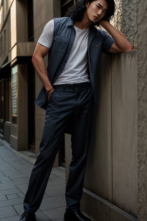 A realistic image of a young Asian man with long, wavy black hair, embodying the influencer persona. He has a slim body, dressed in a trendy outfit featuring trousers, a shirt, and a white t-shirt. The man poses confidently in front of a textured wall on a Seoul street, his gaze fixed on the camera. The composition captures his fashionable ensemble and the urban setting, with natural lighting accentuating the scene's authenticity.