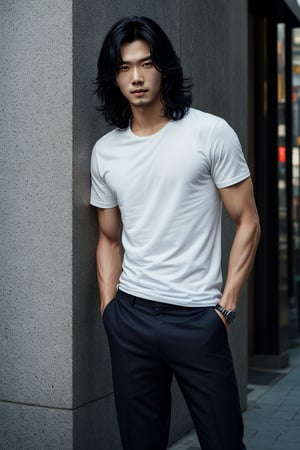 A realistic image of a young Asian man with long, wavy black hair, embodying the influencer persona. He has a slim body, dressed in a trendy outfit featuring trousers, a shirt, and a white t-shirt. The man poses confidently in front of a textured wall on a Seoul street, his gaze fixed on the camera. The composition captures his fashionable ensemble and the urban setting, with natural lighting accentuating the scene's authenticity.