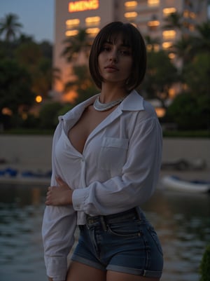 A stunning model poses by a serene lake at dusk, her short dark hair framing her face as she leans against the shore. A sparkling necklace adorns her neck, complementing her blue jean shorts and crisp white long-sleeve shirt. Her arm wraps around her back, hand resting on hip, exuding confidence. The building in the background glows with warm orange lights, while the MENG logo emblazoned above her head adds a touch of edginess to this captivating scene.