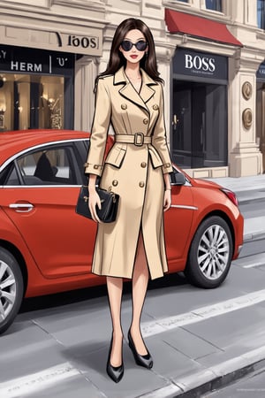 The image depicts a woman standing on a sidewalk in an urban setting. She is dressed in a beige trench coat with a belted waist and a matching skirt, both featuring a similar color and material. The coat has distinctive features such as a double-breasted design and a large lapel. She is accessorizing with a pair of black sunglasses and a black handbag that she carries over her shoulder. Her hair is styled straight and falls past her shoulders. In the background, there's a storefront with the word "BOSS" visible, suggesting a high-end fashion brand. A red car parked on the street adds to the city ambiance.,Realistic Enhance,digital art,Cartoon. She is holding a Hermes' Kelly bag