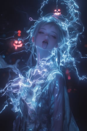 It depicts a girl with her tongue out, a translucent pumpkin ghost with her tongue out, intense lightning effects and smoke effects, all representing Halloween. Masterpiece, highest quality, highly detailed CG Unity 8k wallpaper,dal,kimonoFT