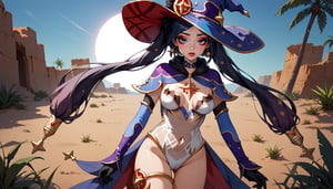 score_9, score_8_up, score_7_up,1girl, solo, medium breasts, (long lashes:1.1), zPDXL2, a huge sandy desert with a whimsical oasis whirlpool, mona_\(genshin_impact\), witch_hat, black_gloves,  detached_sleeves, thighlet, star_earrings, thighs, purple_headwear, gold_trim, oiled skin, sweat, see-through white lingerie