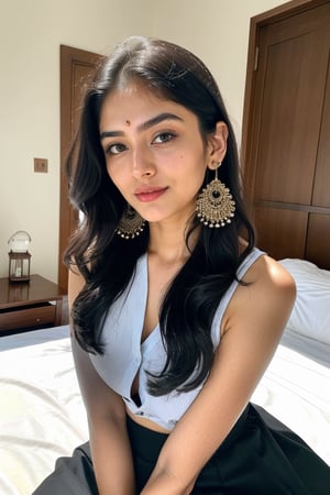 lovely cute young attractive indian girl, blue eyes, gorgeous actress, 13 years old, cute, an Instagram model, long hair, black hair, Indian, weaaring blouse, ear rings,looking hot,sitting on her bed,Realism lovely cute young attractive indian girl, blue eyes, gorgeous actress, 13 years old, cute, an Instagram model, long hair, black hair, Indian, wearing blouse, ear rings,looking hot, sitting on the bed, taking a selfie from the front view, wearing a skirt and a  dress till her neck ,Realism smiling from the front view of her face and taking a selfie holding the phone 
,AanyaaSanaya