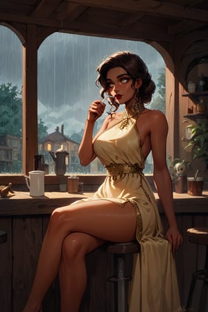 core_9, score_8_up, score_7_up , 1girl, arabian girl, dark skin, arabic dress, nose piercing, red lips, yellow eyes, brown hair, seetrough dress, crossed legs, sipping coffee, sitting in a bar, next to a window, looking outside, rainy day, stormy day, raining outside, backview, 