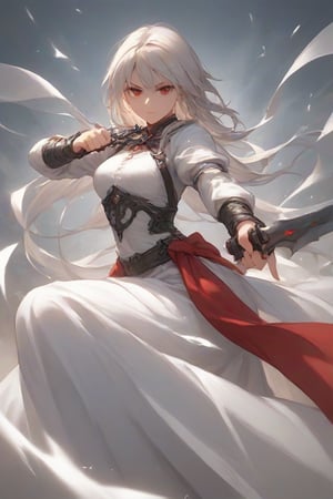 score_9, score_8_up, score_7_up, 1girl, white long dress, chainblade , red eyes, battle_stance, 