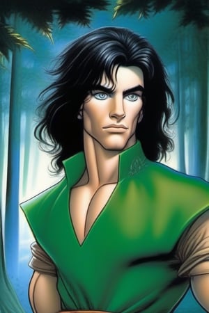 art by tim Burton and Larry Elmore, Ka'othi is a young male Puzzled delicate wandering elf, delicate features, Bright emerald eyes, Round eyes, Eyes set close together, Narrow face, long hair, shoulder length hair, Blue-Black hair, pointed ears, high cheekbones, Upturned eyebrows, in a forest