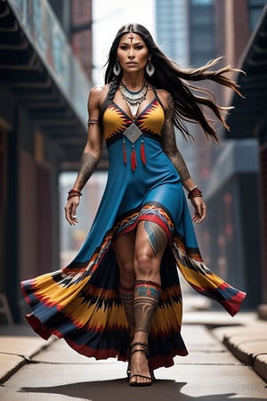 A majestic American Indian girl stands proudly in beautiful full length multi colorful dress, her long dark hair flowing like the wind. Her eyes, like pools of polished obsidian, shimmer with a deep wisdom, each layer revealing a story untold. Intricate tattoos adorn her arms and neck, a testament to her heritage. She strikes a dynamic pose, one leg bent, the other extended, as if ready to pounce into action. A wide-angle view captures her entire figure, from the curve of her cheekbones to the gentle slope of her shoulders. 