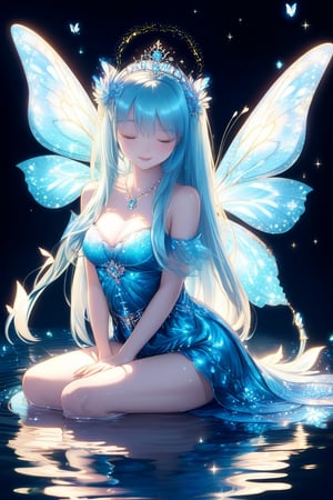 1girl, solo, long hair, simple background, dress, sitting, very long hair, blue hair, full body, closed eyes, wings, water, blue dress, glowing, watermark, tiara, black background, reflection, blue theme, butterfly wings