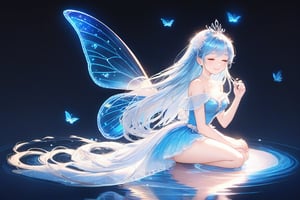 1girl, solo, long hair, simple background, dress, sitting, very long hair, blue hair, full body, closed eyes, wings, water, blue dress, glowing, watermark, tiara, black background, reflection, blue theme, butterfly wings