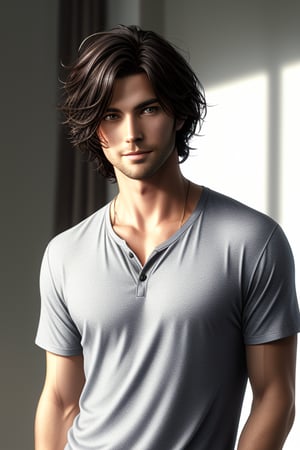 Generate a full-length portrait of a male with a lean physique, hazel eyes, and short wavy black-brown hair cut above the ears. The lighting should be soft and balanced, accentuating the natural waves in his hair and the depth of his eyes. He should stand with a relaxed, confident pose, dressed in modern casual attire. The background should be subtle, allowing his presence to be the central focus. The composition should capture his entire body, with a strong emphasis on his hazel eyes and the neat, wavy style of his short black-brown hair, creating a sharp and dynamic portrayal.