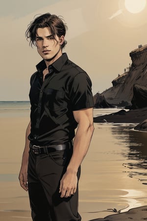 full-length image of a male with a muscular physique, hazel eyes, and short wavy black-brown hair cut above the ears. The lighting should be soft and balanced, accentuating the natural waves in his hair and the depth of his eyes. He should stand with a relaxed, confident pose, dressed in a black callered shirt, khaki pants, and black combat boots attire. The composition should capture his entire body.