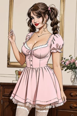 A full-length image of a short plus-size woman with ample breasts and an hourglass figure, styled with brown hair in two wavy pigtails and big brown eyes the same size, wearing a pink baby doll skater dress with puffy sleeves in pink, paired with pink mary jane shoes and white socks. Her lips are adorned with a cupid-bow shape and pink lipstick, and she has a slender nose. The dress flares out, accentuating her curves. Soft, natural lighting highlights her cheerful expression and the pastel tones of her outfit. Head to toe lengh image.