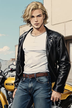 full-length image of a male with a leaner musculer physique, hazel-brown eyes, and short wavy yellow-blonde hair cut above the chin. The lighting should be soft and balanced, accentuating the natural waves in his hair and the depth of his eyes. He should stand with a relaxed, confident pose, dressed in a black leather motorcycle jackeet, white tee shirt, blue jeans, and black combat boots. The composition should capture his entire body.