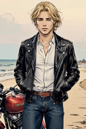 full-length image of a male with musculs, hazel-brown eyes, and short wavy yellow-blonde hair cut above the chin. The lighting should be soft and balanced, accentuating the natural waves in his hair and the depth of his eyes. He should stand with a relaxed, confident pose, dressed in a black leather motorcycle jackeet, white shirt, blue jeans, and black combat boots. The composition should capture his entire body.