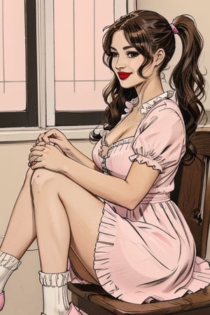 A full-length image of a short plus-size woman with ample breasts and an hourglass figure, styled with brown hair in two curly pigtails and big brown eyes the same size, wearing a pink baby doll skater dress with puffy sleeves in pink, paired with pink mary jane shoes and white socks. Her lips are adorned with a cupid-bow shape and pink lipstick, and she has a slender nose. The dress flares out, accentuating her curves. Soft, natural lighting highlights her cheerful expression and the pastel tones of her outfit. Head to toe lengh image.