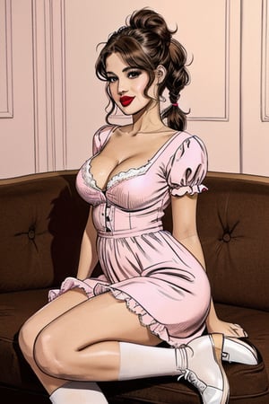 A full-length image of a short plus-size woman with ample breasts and an hourglass figure, styled with brown hair in curly two pigtails high on sides of head and big brown eyes the same size, wearing a pink baby doll skater dress with puffy sleeves in pink, paired with pink mary jane shoes and white socks. Her lips are adorned with a cupid-bow shape and pink lipstick, and shehas a slender nose. The dress flares out, accentuating her curves. Soft, natural lighting highlights her cheerful expression and the pastel tones of her outfit. Head to toe lengh image.