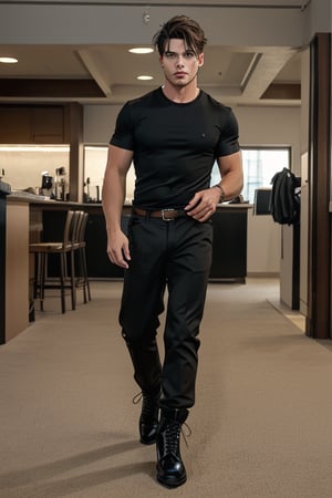 full-length image of a male with a leaner muscular built physique, hazel eyes, and short wavy black-brown hair cut above the ears. The lighting should be soft and balanced, accentuating the natural waves in his hair and the depth of his eyes. He should stand with a relaxed, confident pose, dressed in a black callered shirt, khaki pants, and black combat boots attire. The composition should capture his entire body.