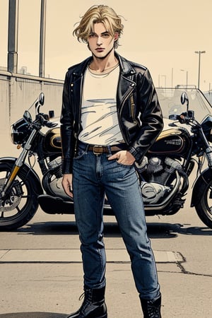 full-length image of a male with a lean muscul physique, hazel-brown eyes, and short wavy yellow-blonde hair cut above the chin. The lighting should be soft and balanced, accentuating the natural waves in his hair and the depth of his eyes. He should stand with a relaxed, confident pose, dressed in a black leather motorcycle jackeet, white tee shirt, blue jeans, and black combat boots. The composition should capture his entire body.