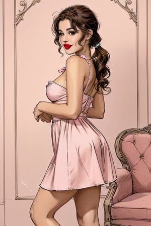 A full-length image of a short plus-size woman with ample breasts and an hourglass figure, styled with brown hair in curly side pigtails high on sides of head and big brown eyes the same size, wearing a pink baby doll skater dress with puffy sleeves in pink, paired with pink mary jane shoes and white socks. Her lips are adorned with a cupid-bow shape and pink lipstick, and shehas a slender nose. The dress flares out, accentuating her curves. Soft, natural lighting highlights her cheerful expression and the pastel tones of her outfit. Head to toe lengh image.