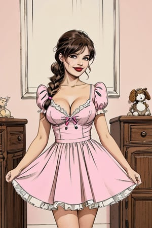 A full-length image of a short plus-size woman with ample breasts and an hourglass figure, styled with brown hair in wavy pigtails and brown eyes, wearing a pink baby doll skater dress with puffy sleeves in pink, paired with pink mary jane shoes and white socks. Her lips are adorned with a cupid-bow shape and pink lipstick, and she has a slender nose. The dress flares out, accentuating her curves. Soft, natural lighting highlights her cheerful expression and the pastel tones of her outfit. Head to toe lengh composition.