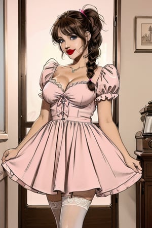 A full-length image of a short plus-size woman with ample breasts and an hourglass figure, styled with brown hair in two curly pigtails and big brown eyes the same size, wearing a pink baby doll skater dress with puffy sleeves in pink, paired with pink mary jane shoes and white socks. Her lips are adorned with a cupid-bow shape and pink lipstick, and she has a slender nose. The dress flares out, accentuating her curves. Soft, natural lighting highlights her cheerful expression and the pastel tones of her outfit. Head to toe lengh image.