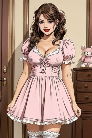 A full-length image of a short plus-size woman with ample breasts and an hourglass figure, styled with brown hair in wavy pigtails and brown eyes, wearing a pink baby doll skater dress with puffy sleeves in pink, paired with pink mary jane shoes and white socks. Her lips are adorned with a cupid-bow shape and pink lipstick, and she has a slender nose. The dress flares out, accentuating her curves. Soft, natural lighting highlights her cheerful expression and the pastel tones of her outfit.