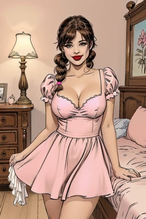 A full-length image of a short plus-size woman with ample breasts and an hourglass figure, styled with brown hair in two curly pigtails and big brown eyes the same size, wearing a pink baby doll skater dress with puffy sleeves in pink, paired with pink mary jane shoes and white socks. Her lips are adorned with a cupid-bow shape and pink lipstick, and a slender nose. The dress flares out, accentuating her curves. Soft, natural lighting highlights her cheerful expression and the pastel tones of her outfit. Head to toe lengh image.