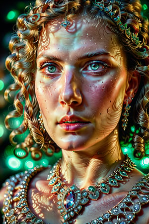 Softly lit portrait of a subject's face, with piercing eyes taking center stage within the frame. Close-up composition highlights intricate details: shimmering jewelry on neck and earrings, and lush curls neatly coiled around the face, forming a stunning work of art.