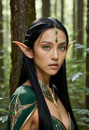 Kanist Angllinnen is a young female Preoccupied thin high elf, with delicate features, green eyes, long, shoulder length black hair, Tanned skin, with pointed ears, high cheekbones, Small nose, Monolid asian eyes, Sharp features and High forehead, art by Disney and klimt in a forest