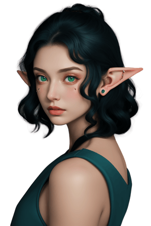 Throriel is a young female Cold willowy high elf, with delicate features, green eyes, long, shoulder length blue-black hair, Fair skin, with pointed ears, high cheekbones, Eyes set close together, Facial scar, Curly hair and Eyes set far apart, art by ralph bakshi and Frazetta in a forest