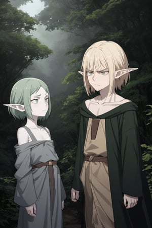 aer'Ridaroivain is a young male Frowning slim wandering elf, with delicate features, Dark Grey eyes, long, shoulder length Honey Blond hair, Pale green skin, with pointed ears, high cheekbones, Small nose, Round eyes, Sharp features and Eyes set close together, art by Frank Miller and studio ghibli in a forest