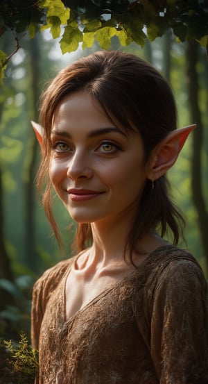 full body, 
highly detailed,high budget,masterpiece,best quality,perfect anatomy,very aesthetic,8k,
Na'sal Anaimiliten is a young female Smiling willowy high elf, with delicate features, green eyes, short, ear length dark brown hair, Tanned skin, with pointed ears, high cheekbones, Narrow face, High forehead, Small nose and Round face, art by tim Burton and david hamilton in a forest