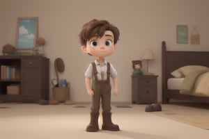 In a soft, golden light, a curious 5-year-old boy stands before us. His fair skin and dark brown hair, slightly tousled and unkempt, are framed by a simple white linen shirt with a Peter Pan collar. The shirt is rumpled, as if just put on. His small, thin build is evident beneath his knee-length trousers held up by suspenders in a dark brown color. Sturdy black leather boots, lace-up style, complete his outfit. With wide-eyes and an expression of wonder, he looks around curiously, his thoughts consumed by the world around him.