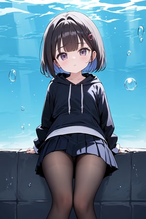 1girl, solo, higuchi_madoka, skirt, pantyhose, mole, hair_ornament, mole_under_eye, brown_hair, purple_eyes, short_hair, bubble, pleated_skirt, underwater, hairclip, black_pantyhose, air_bubble, drawstring, sweater, long_sleeves, bangs, miniskirt, white_skirt, parted_lips, plaid, feet_out_of_frame, hoodie, black_sweater