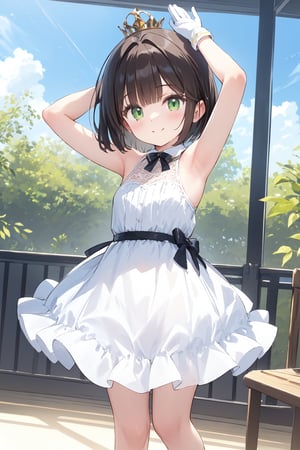 1girl, antenna_hair, arms_up, bangs, brown_hair, crown, dress, eyebrows_visible_through_hair, gloves, green_eyes, kinomoto_sakura, short_hair, sleeveless, smile, standing, white_dress, white_gloves