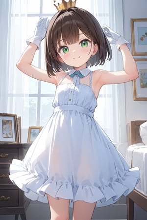 1girl, antenna_hair, arms_up, bangs, brown_hair, crown, dress, eyebrows_visible_through_hair, gloves, green_eyes, kinomoto_sakura, short_hair, sleeveless, smile, standing, white_dress, white_gloves