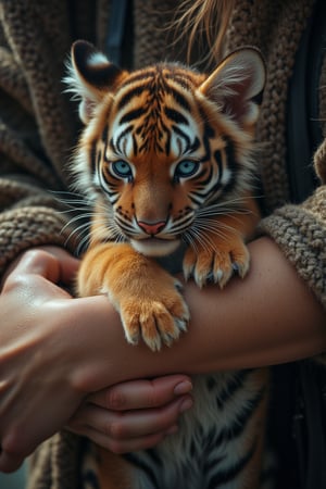 realistic photo ,A little tiger tightly hugs a person's arm with its paws,Midjourney_Whisper