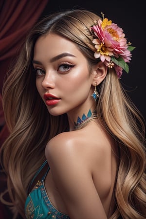 a beautiful female model, a beautiful young woman with an exquisite floral arrangement adorning her head and cascading down her back. Her face is beautifully highlighted with vibrant red lipstick and striking eye makeup, giving her a mesmerizing, mystical appearance. The background is a harmonious blend of pastel hues, intricate script, and what appears to be newspaper clippings, creating a dreamy, ethereal atmosphere. The seamless fusion of art and nature in this composition evokes a sense of wonder and enchantment.