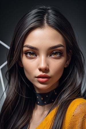 a beautiful female model, a beautiful young woman face, fragmented and overlaid with geometric shapes and vibrant colors. The face is primarily in grayscale,with the overlaying rectangles, squares, and circles in shades of orange, blue, and yellow. The artwork seems to blend modern abstract design with a portrait, creating a juxtaposition of realism and abstraction.