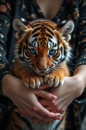 realistic photo ,A little tiger tightly hugs a person's arm with its paws,Midjourney_Whisper