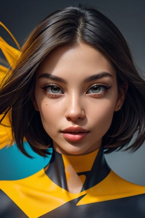 a beautiful female model, a beautiful young woman face in a fragmented and stylized manner. The face is primarily in grayscale, giving it a classic and timeless feel. However, the overlay of geometric shapes in vibrant hues of orange, blue, and yellow adds a modern and abstract twist. The shapes seem to dance around the portrait, creating a lively and energetic atmosphere. The juxtaposition of realism and abstraction in this artwork makes it a unique and thought-provoking piece.