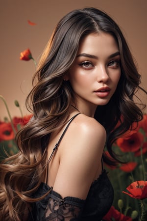 a beautiful female model, a beautiful young woman with long, wavy hair wearing a black lace garment surrounded by vibrant red poppies against a soft-toned backdrop.