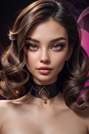 a beautiful female model, a beautiful young woman with elegant makeup and curled hair, her face with a captivating expression set against a vibrant, abstract digital art background with geometric shapes and bold colors.