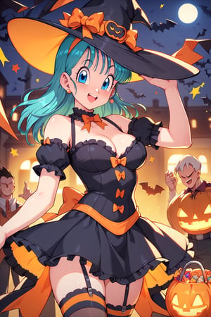 score_9, score_8_up, score_8, Dragon Ball, Bulma, wearing Lolita Outfit, Halloween party, 1girl, faceless crowd, sexy, sensual, evening, halloween decor