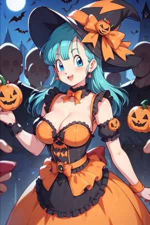 score_9, score_8_up, score_8, Dragon Ball, Bulma, wearing Lolita Outfit, Halloween party, 1girl, faceless crowd, sexy, sensual, evening, halloween decor