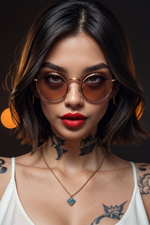 a beautiful female model, a beautiful young woman looking at viewer, simple background, black hair, jewelry, collarbone, upper body, necklace, mole, lips, tattoo, makeup, sunglasses, lipstick, round eyewear, red lips, arm tattoo, tinted eyewear.